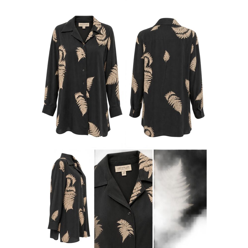 JonesNewYorkCountry 100% Silk Fern Botanical Button Down Shirt Size 12 Black Tan